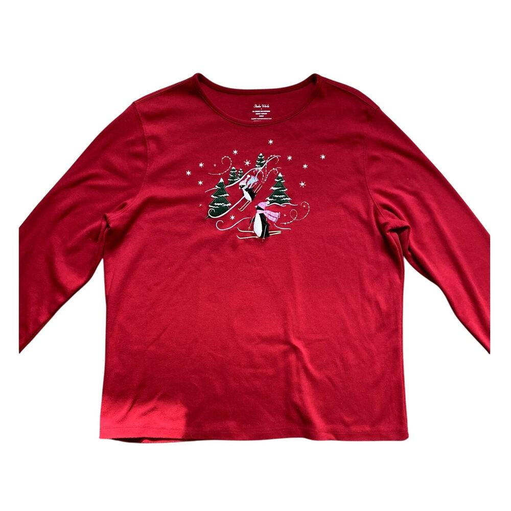 Studio Works Embroidered Beaded Red Cotton Penguin Holiday Top Large Winter Cozy